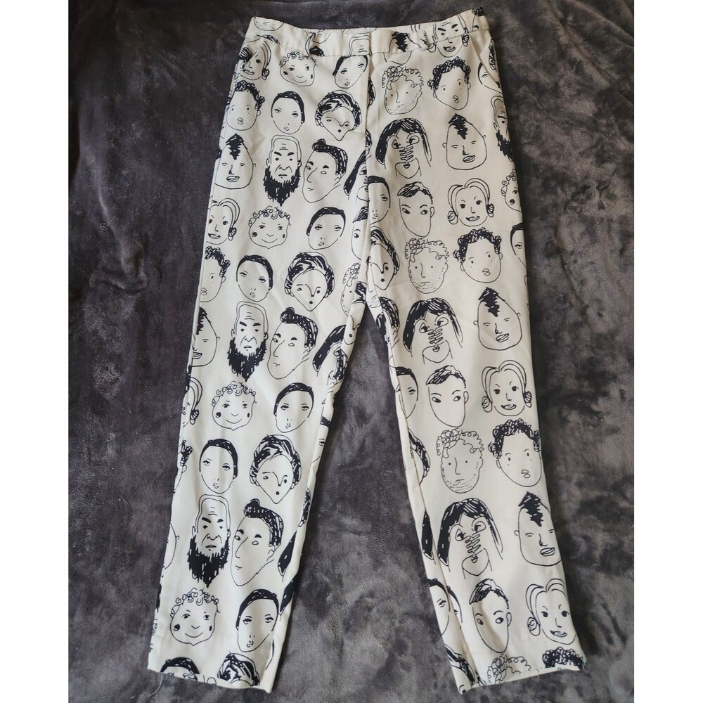 Art Deco Artsy New Zealand Design SHEKOU Pants Face Print White/Black Large